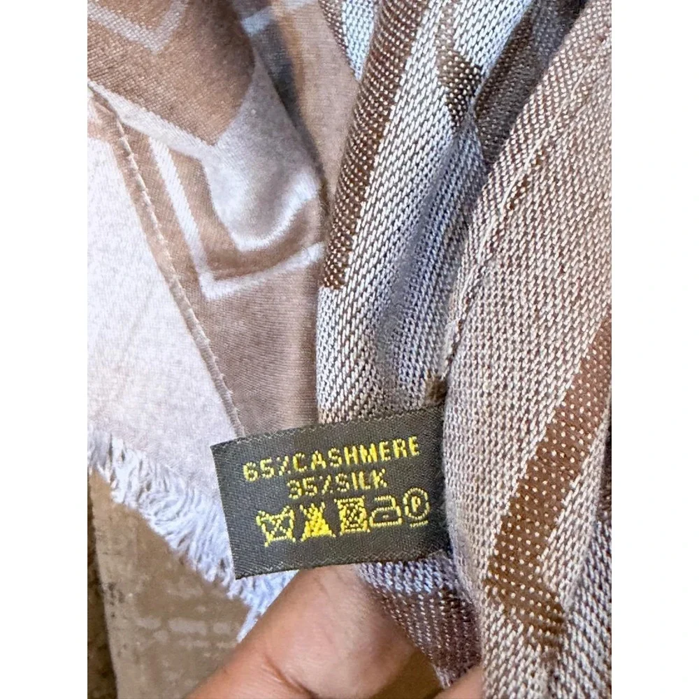 Louis Vuitton Monogram Cashmere Silk Shawl Scarf Brown Silver Fringe Paris